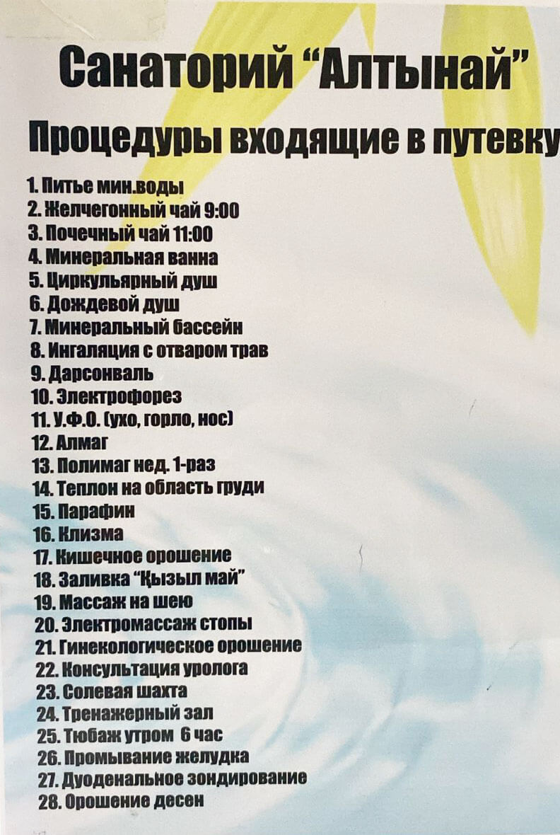 🐬 Алтынай Сарыағаш шипажайының қызмет бағамы. Прайс-лист