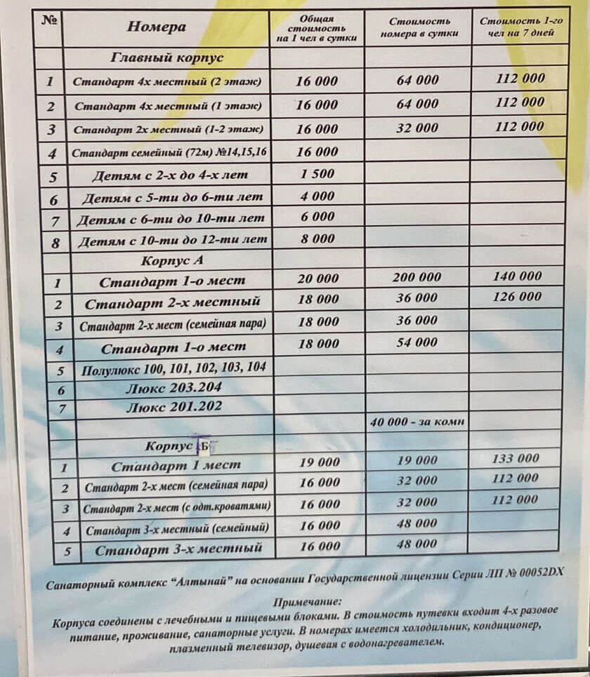 🐬 Алтынай Сарыағаш шипажайының қызмет бағамы. Прайс-лист