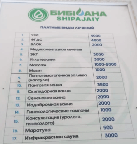 Бибі Ана шипажайының қызмет бағамы. Прайс-лист