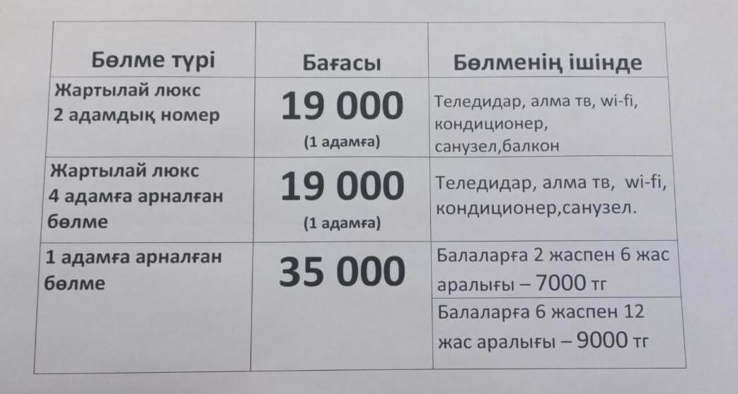 🌳 Дархан Сарыағаш шипажайының қызмет бағамы. Прайс-лист