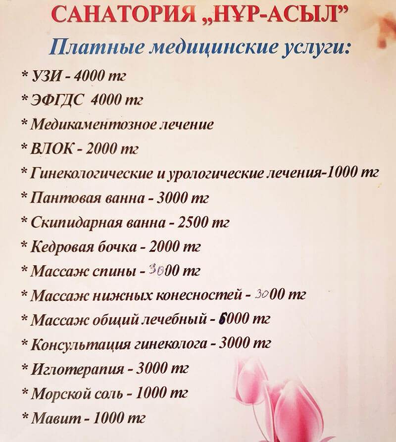 Нұр Асыл Сарыағаш шипажайының қызмет бағамы. Прайс-лист