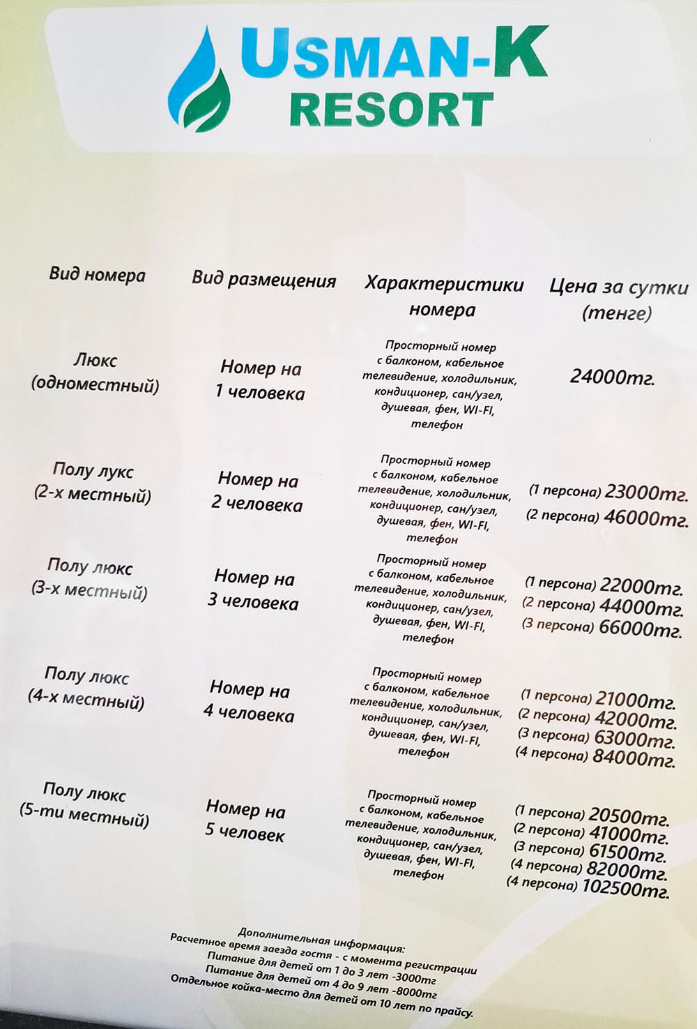 Усман Сарыағаш шипажайының қызмет бағамы. Прайс-лист